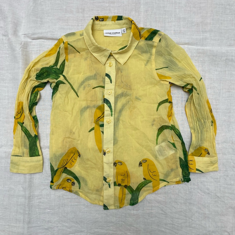Mini Rodini Yellow Parrot Print Button-Down Shirt